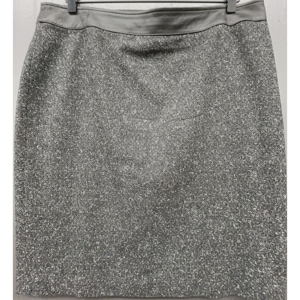 Kate Hill Pencil Skirt 16 Black White Marled Wool Blend Lined Leather Waistband